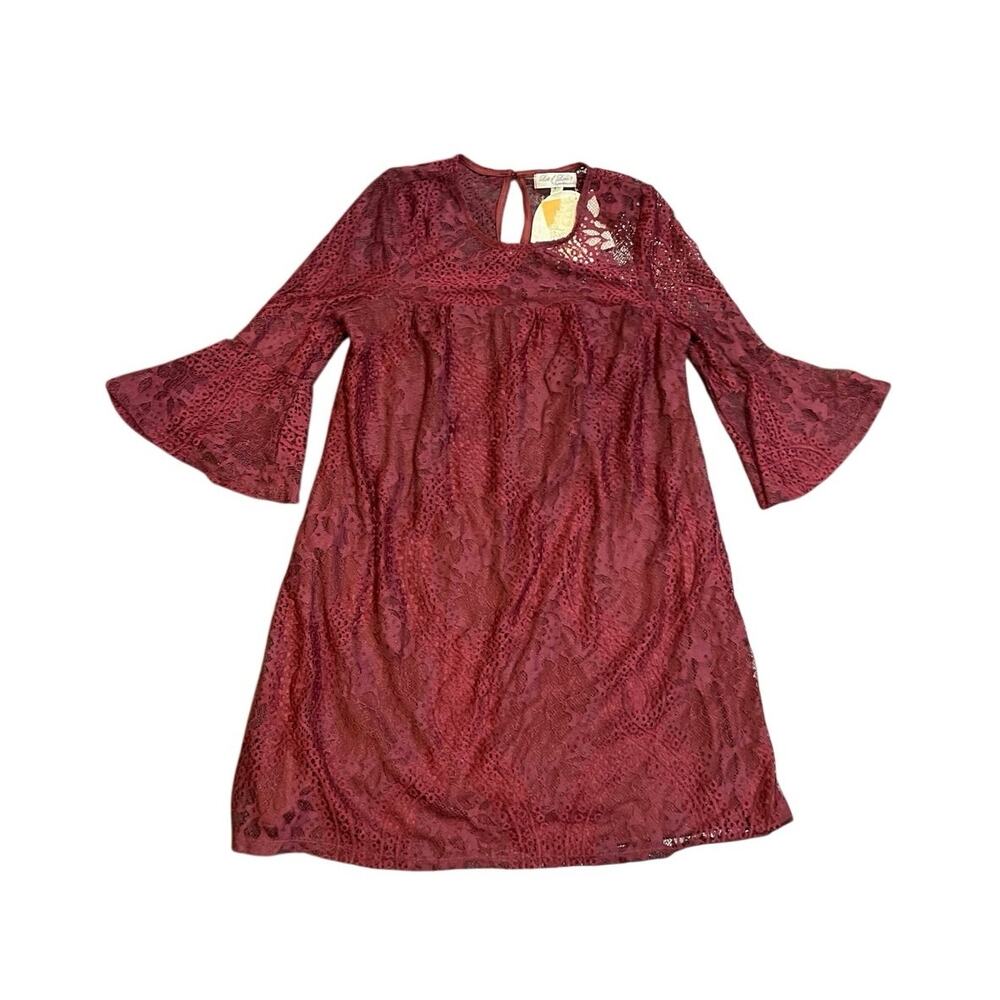 Lots of Love by Speechless Burgundy Floral Lace Shift Dress Bell Sleeves XS NWT